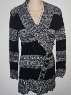Striped Black and Gray Knit Wrap-Front Mini Dress